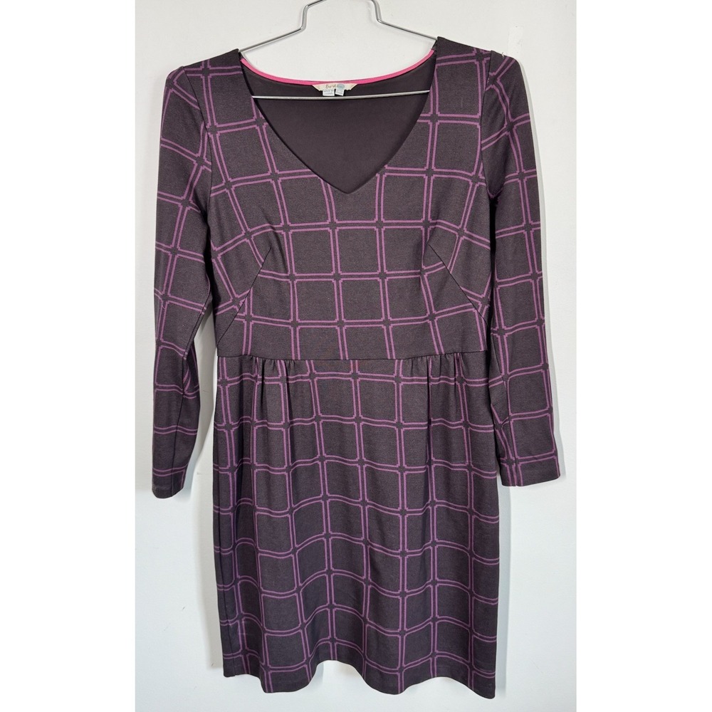 Boden Eliza Ponte Long Sleeve Sheath Dress Purple Windowpane V Neck Size 12 Work